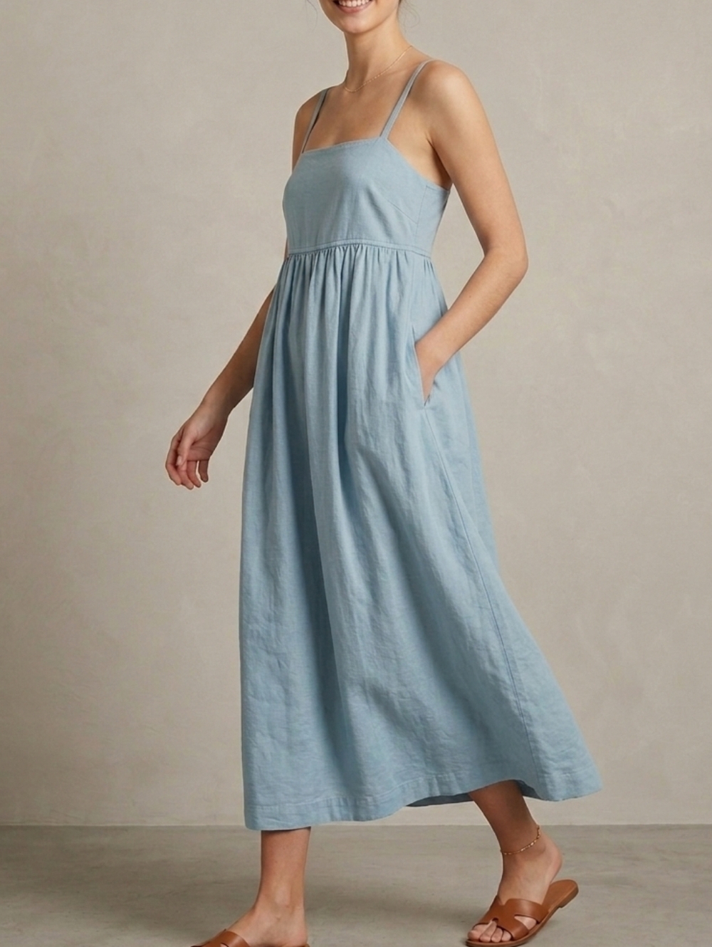 Uniqlo Linen Cotton Tank Maxi Dress Blue Babydoll Bridgeton Regency Size Medium